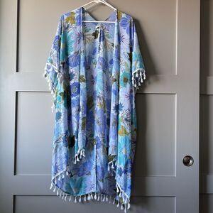 Kontrol Floral Midi Kimono Cover Up Women XL Blue Tassles Beach Cottagecore Boho